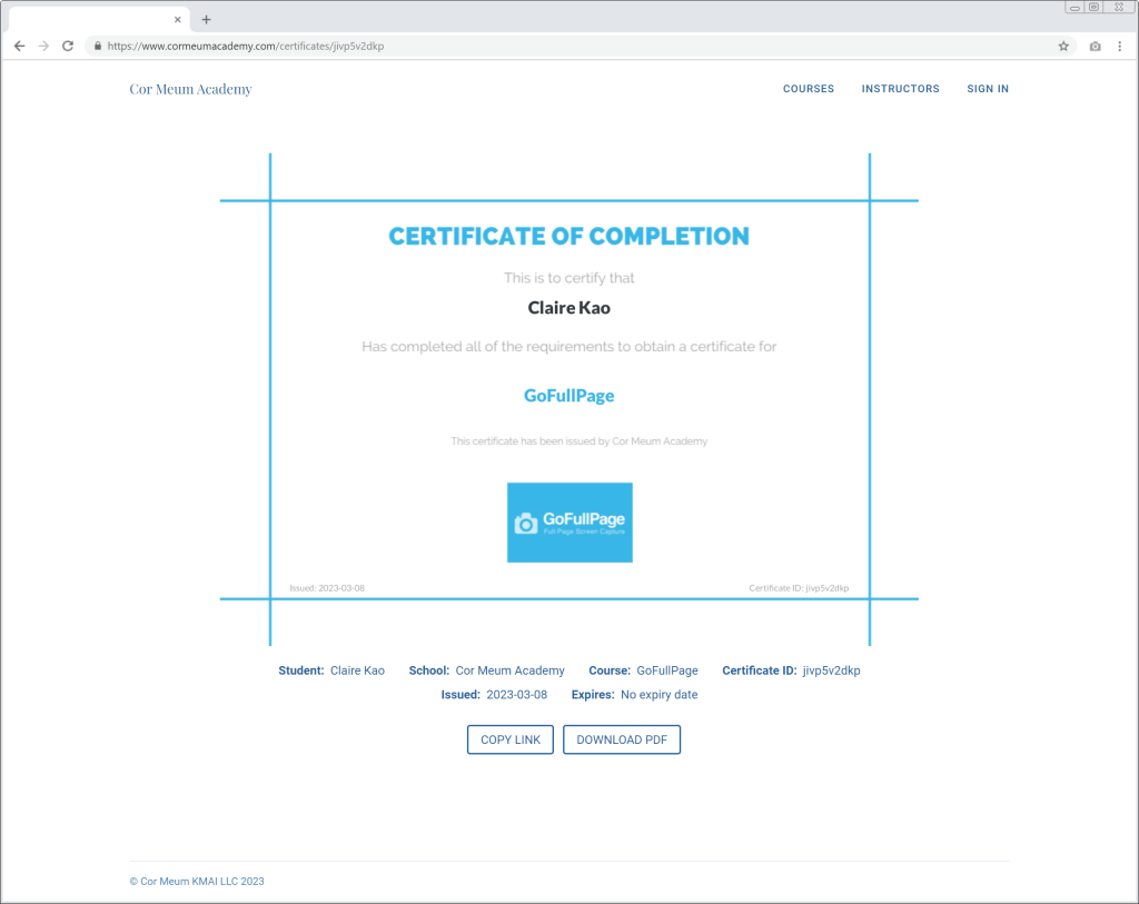 Certificate of Completion of the Cormeum Academy GoFullPage Course