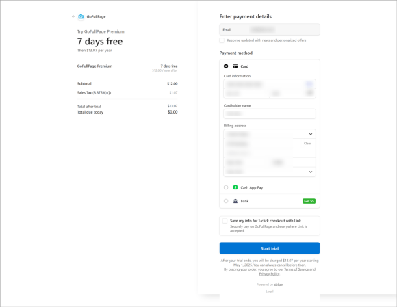 A screenshot of a Stripe Checkout page with increasing blur radius (4, 7, 10, 20)