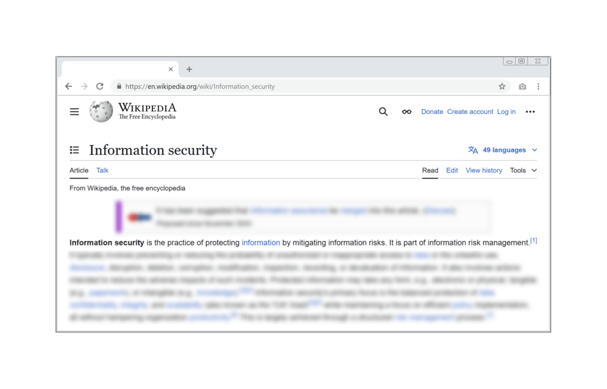 A screenshot of a Wikipedia article titled "Information Security", with the text blurred.