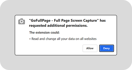 A pop-up that says: "The extension could: Read and change all your data on all websites."